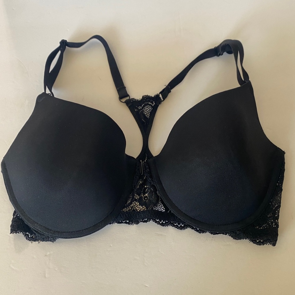 Maidenform Vintage Bra Front Close Black Underwire 38C Black T-Back  Lace